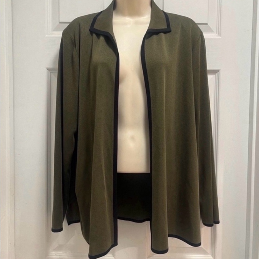 Misook Olive Green Open Cardigan with Black Trim Workwear Office - XL - EUC
